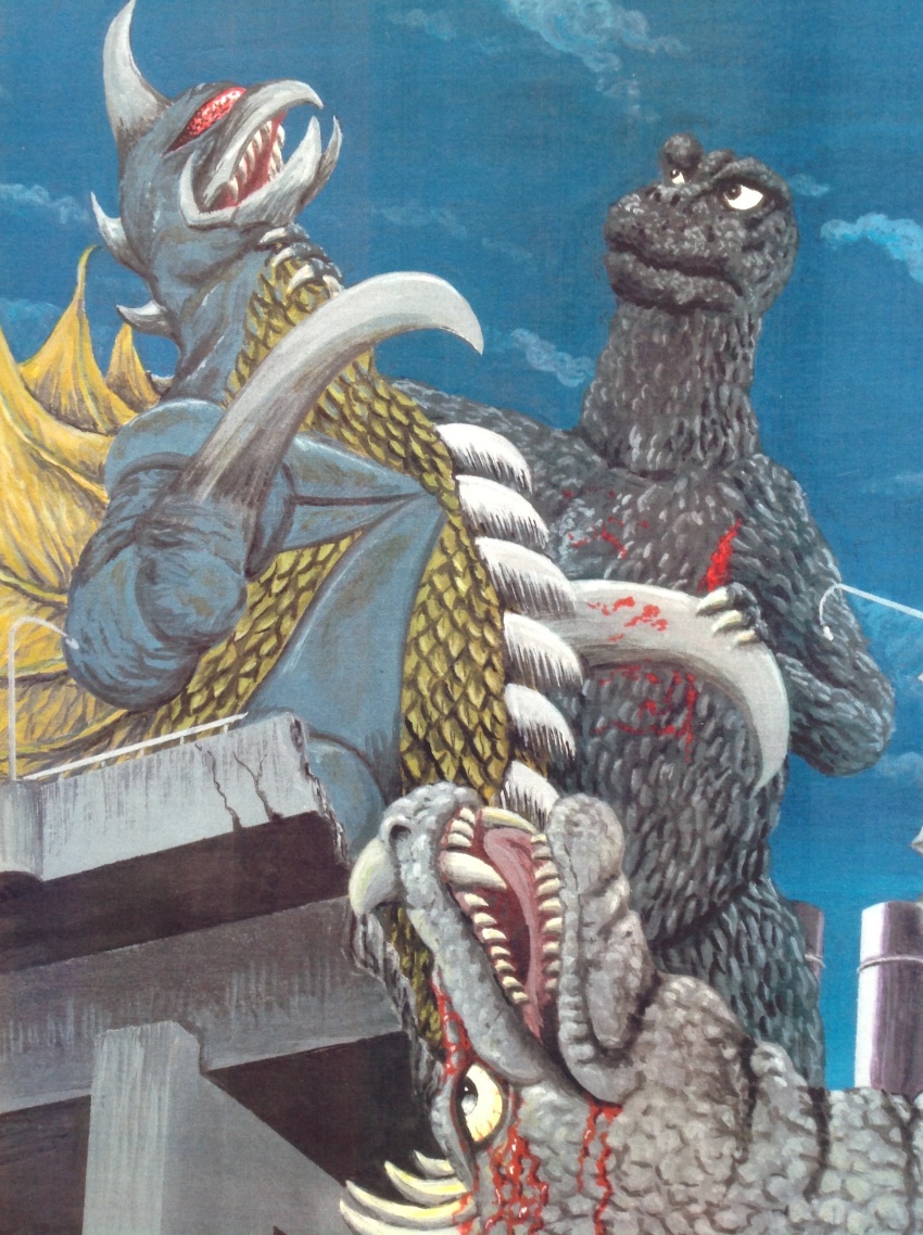 absurdres alien anguirus bleeding blood buzzsaw_(tool) cyborg dinosaur gigan godzilla godzilla_(series) godzilla_vs._gigan highres kaiju night no_humans saw thermacabe toho