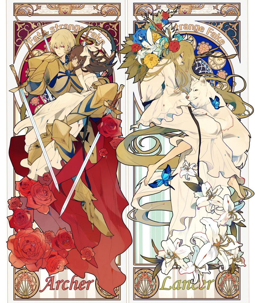 1girl 2boys androgynous armor armored_boots art_nouveau barefoot blonde_hair boots brown_hair bug butterfly cape dark_skin dress enkidu_(fate) fate/stay_night fate/strange_fake fate_(series) flower full_body gauntlets gilgamesh_(fate) green_hair hair_ribbon highres insect lily_(flower) lion long_hair looking_at_viewer multiple_boys red_eyes red_flower red_rose ribbon robe rose sagatsu_(miicat) satsuki_(miicat) sword tine_chelc very_long_hair weapon white_robe wolf