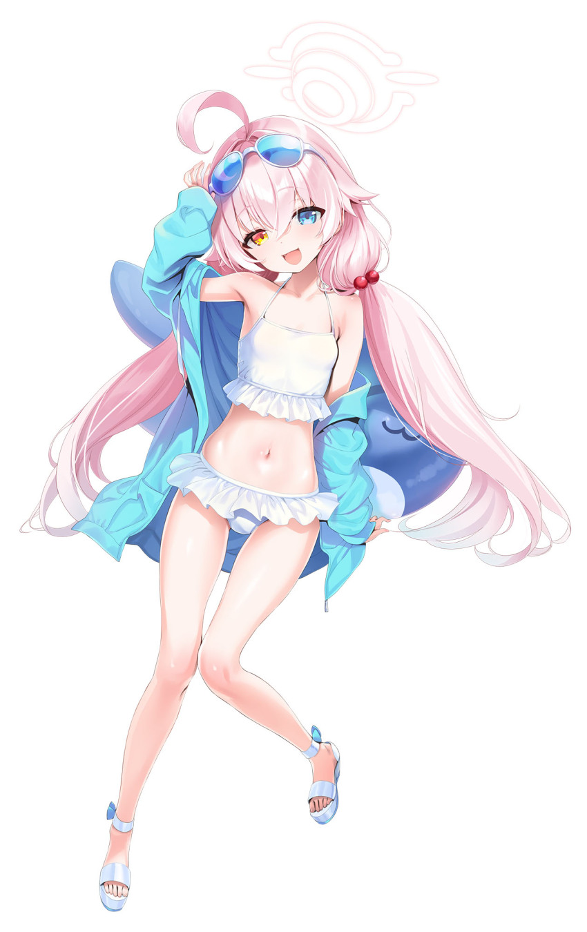 1girl ahoge bare_shoulders bikini blue_archive blue_eyes blue_jacket blush breasts collarbone commentary_request eyewear_on_head frilled_bikini frills full_body hair_between_eyes hair_bobbles hair_ornament halo heterochromia highres hoshino_(blue_archive) hoshino_(swimsuit)_(blue_archive) jacket long_hair long_sleeves looking_at_viewer low_twintails navel official_alternate_costume open_clothes open_jacket open_mouth pink_hair sandals small_breasts smile solo sunglasses swimsuit twintails white_bikini yellow_eyes youta