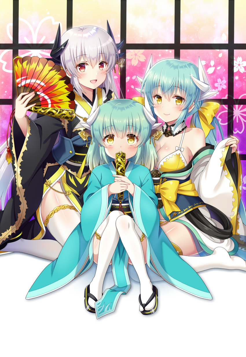 3girls :d aged_down bare_shoulders bikini black_kimono blue_hair blue_kimono blush collarbone commentary_request covering_own_mouth dragon_girl dragon_horns fate/grand_order fate_(series) folding_fan hand_fan highres holding holding_fan horns japanese_clothes kimono kiyohime_(fate) kiyohime_(fate/grand_order) kiyohime_(swimsuit_lancer)_(fate) kiyohime_(swimsuit_lancer)_(first_ascension)_(fate) kiyohime_(third_ascension)_(fate) looking_at_viewer multiple_girls multiple_horns multiple_persona open_mouth red_eyes silver_hair sitting smile suzumia_(daydream) swimsuit thighhighs white_legwear yellow_bikini yellow_eyes