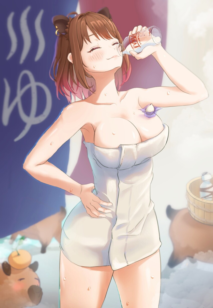1girl absurdres animal_ear_piercing animal_ears banner blush botan_(oacdrykafjf3g3d) bottle breasts brown_hair bucket capybara capybara_ears capybara_girl cleavage closed_eyes closed_mouth collarbone commentary_request cowboy_shot drinking earrings food fruit gradient_hair hair_intakes hand_on_own_hip highres holding holding_bottle jewelry large_breasts mandarin_orange medium_hair milk milk_bottle multicolored_hair naked_towel nanashi_inc. onsen pink_hair shiny_skin single_earring smile solo steam stud_earrings towel virtual_youtuber wooden_bucket yunohara_izumi