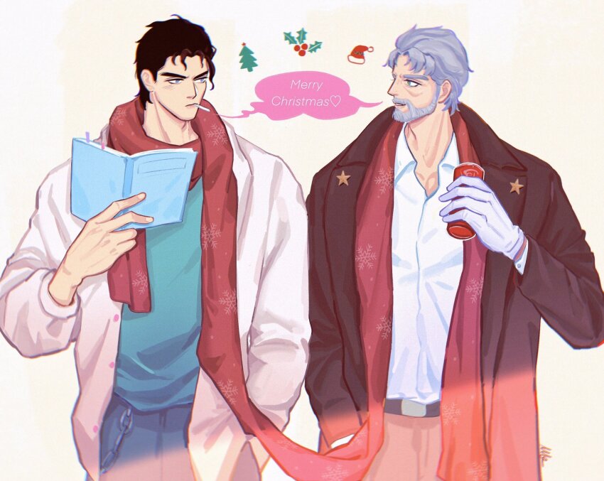 2boys beard black_hair blue_eyes blue_shirt book brown_jacket brown_pants can cigarette collared_shirt connected_beard facial_hair grandfather_and_grandson green_eyes grey_hair highres holding holding_book holding_can jacket jojo_no_kimyou_na_bouken joseph_joestar joseph_joestar_(old) kuujou_joutarou looking_at_another male_focus merry_christmas multiple_boys pants scarf shared_clothes shared_scarf shared_speech_bubble shirt smoking speech_bubble stardust_crusaders vamos_mk white_jacket