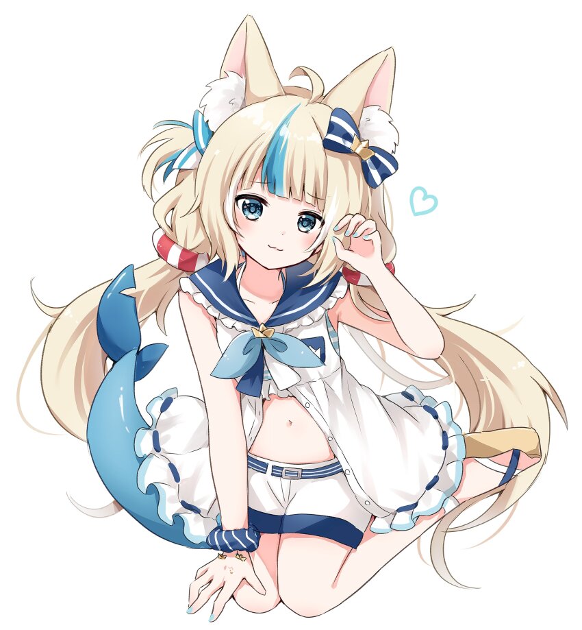 1girl absurdres animal_ear_fluff animal_ears blonde_hair blue_eyes blue_hair blue_nails cat_ears closed_mouth dress fins fish_girl fish_tail heart highres indie_virtual_youtuber kokoshira_0510 long_hair looking_at_viewer low_twintails multicolored_hair nail_polish sameko_saba sandals shorts smile solo streaked_hair tail twintails very_long_hair virtual_youtuber white_dress white_shorts