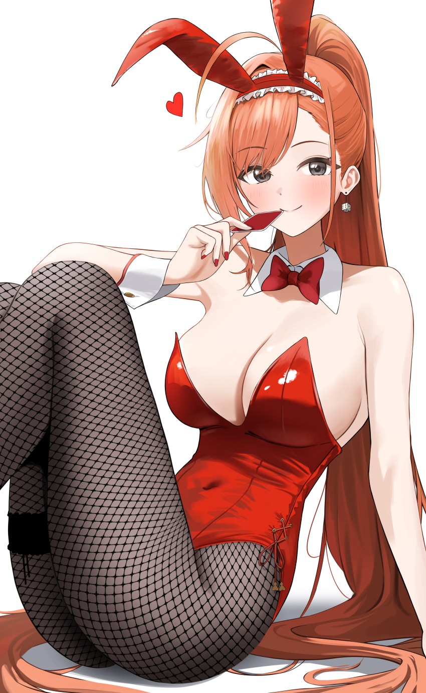 1girl absurdres ahoge animal_ear_hairband animal_ears arisugawa_natsuha asymmetrical_bangs black_pantyhose blush bow bowtie breasts card commentary covered_navel detached_collar dice dice_earrings earrings fake_animal_ears feet_out_of_frame fingernails fishnet_pantyhose fishnets frilled_thigh_strap hairband heart high_ponytail highres holding holding_card idolmaster idolmaster_shiny_colors jewelry knees_up korean_commentary large_breasts leotard long_hair looking_at_viewer nail_polish official_alternate_costume orange_hair pantyhose pdal_(pdalhhh) playboy_bunny ponytail rabbit_ear_hairband rabbit_ears red_bow red_bowtie red_leotard sitting smile solo strapless strapless_leotard thigh_strap very_long_hair wrist_cuffs