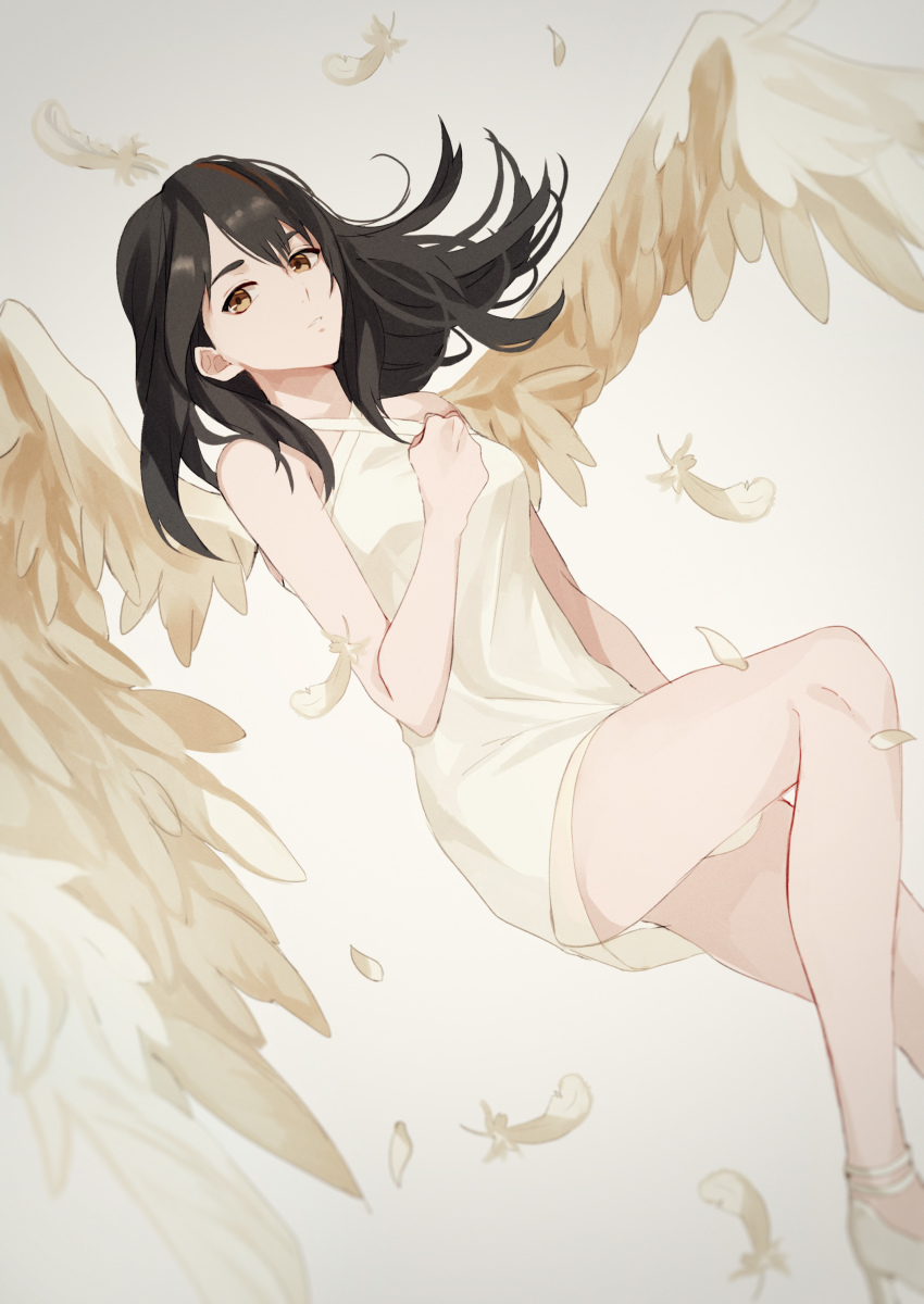 1girl absurdres bare_shoulders black_hair breasts dress expressionless female_focus final_fantasy final_fantasy_viii hand_on_own_chest highres long_hair looking_at_viewer rinoa_heartilly simple_background sleeveless sleeveless_dress solo wings yawai_tofu