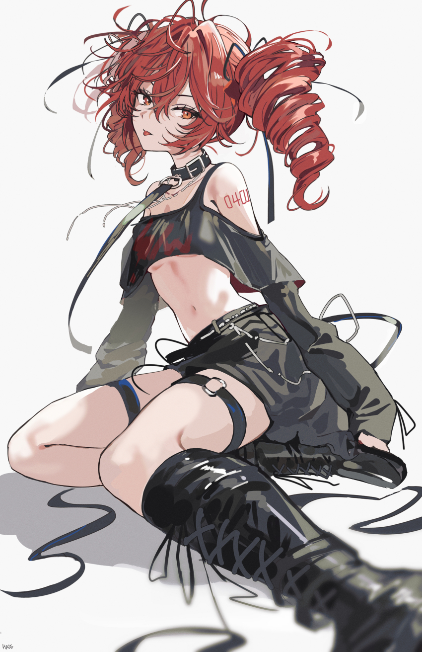 1girl absurdres bare_shoulders black_boots black_choker black_shirt black_shorts boots breasts choker clothing_cutout crop_top crop_top_overhang drill_hair haze_(ohw8g) highres kasane_teto knee_boots long_hair long_sleeves looking_at_viewer midriff navel off_shoulder red_eyes red_hair shirt short_shorts shorts shoulder_cutout shoulder_tattoo simple_background sitting small_breasts solo stomach tattoo thigh_strap thighs tongue tongue_out twin_drills twintails utau v-shaped_eyebrows white_background yokozuwari