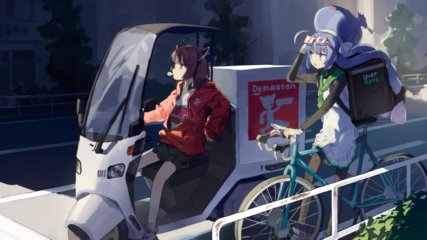 2girls backpack bag bicycle black_pantyhose black_skirt blue_hair brand_name_imitation brown_hair blowing_bubbles commentary delivery drawstring dress driving eel_hat eyewear_on_head gradient_hair green_neckerchief green_sailor_collar guard_rail hair_ornament hairclip hand_up headgear highres hitogome jacket japanese_clothes kimono knife large_hat light_smile long_hair miniskirt multicolored_hair multiple_girls neckerchief obi open_clothes open_jacket otomachi_una outdoors pantyhose pink_hair pleated_dress pleated_skirt red-framed_eyewear red_eyes red_jacket riding riding_bicycle road sailor_collar sash semi-rimless_eyewear shoes short_hair skirt sneakers street striped_clothes striped_pantyhose touhoku_kiritan tree twintails uber_eats vehicle_request very_long_hair vocaloid voiceroid white_dress white_kimono wipers