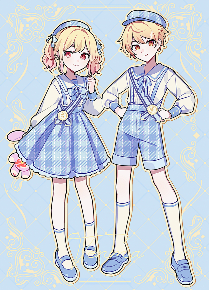 1boy 1girl aged_down arm_at_side beret blonde_hair blue_background blue_bow blue_bowtie blue_hat blue_ribbon blue_shirt blue_shoes blue_shorts blue_skirt bow bowtie closed_mouth commentary_request fashion fortissimo french_girly frilled_shirt_collar frilled_skirt frills full_body hair_bow hair_ornament hand_up hands_on_own_hips hat highres kneehighs loafers long_sleeves mary_janes musical_note musical_note_hair_ornament neck_ribbon newsboy_cap pink_hair plaid_bow plaid_bowtie plaid_clothes plaid_hat plaid_skirt project_sekai ribbon sailor_collar sash shirt shoes shorts skirt smile socks split_mouth standing stuffed_bunny_(project_sekai) suspender_shorts suspender_skirt suspenders tenma_saki tenma_tsukasa treble_clef twintails unmoving_pattern waka_(wk4444) white_socks yellow_eyes