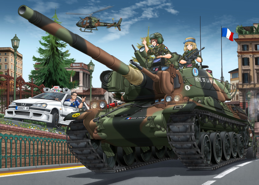 1boy 2girls ;) absurdres aerospatiale_gazelle aircraft amx_30b2_brenus assault_rifle black_gloves blonde_hair blue_shirt blue_sky brown_hair building bullpup camouflage camouflage_jacket car caterpillar_tracks closed_eyes cloud commentary_request daniel_morales day famas flag flag_on_vehicle flagpole france french_army french_flag gloves goggles goggles_on_headwear green_headwear green_jacket gun hat headpiece helicopter helmet highres holding holding_gun holding_weapon jacket kepi lamppost left-hand_drive license_plate microphone mikeran_(mikelan) military_combat_uniform military_hat military_jacket military_uniform military_vehicle motor_vehicle multiple_girls one_eye_closed open_mouth original outdoors peugeot peugeot_406 radio_antenna rifle road roundel shirt sky sleeves_rolled_up smile soldier street sweatdrop tank tank_helmet tank_turret taxi taxi_(series) tree trigger_discipline v vehicle_focus weapon white_car