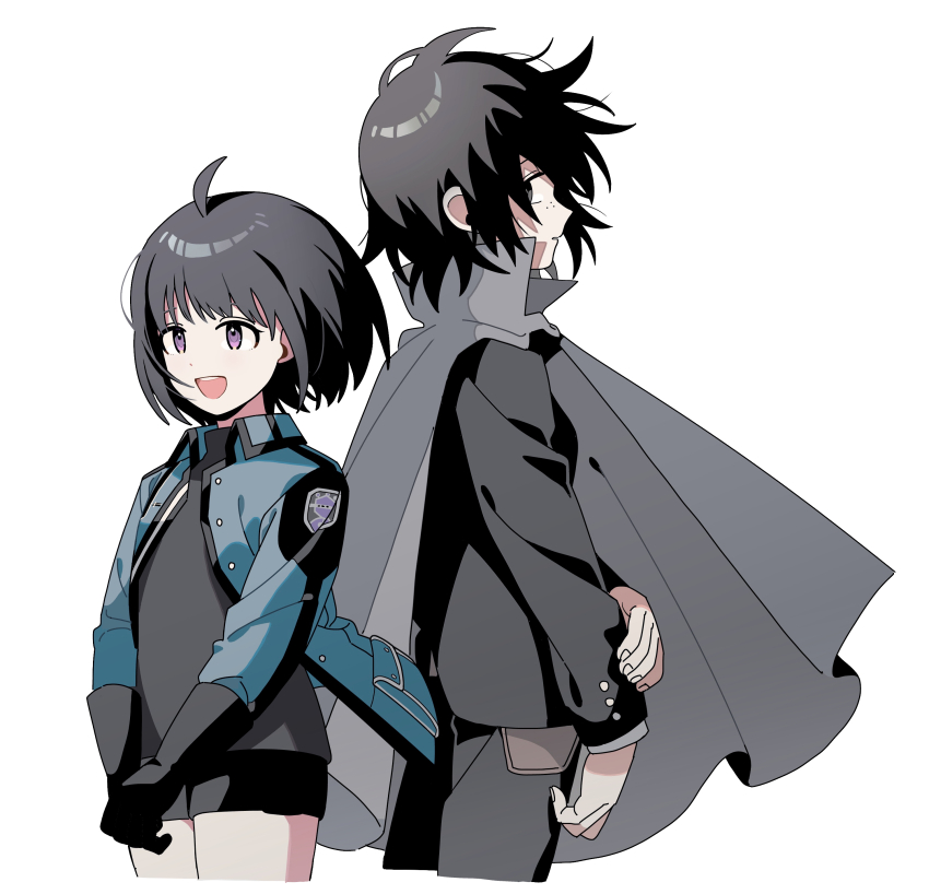 2girls :d absurdres ahoge amatori_chika back-to-back black_gloves black_hair black_jacket black_pants black_shorts blue_jacket bob_cut cropped_legs floating_hair freckles gloves grey_cloak grey_shirt hand_on_own_arm hatohara_mirai highres jacket korean_commentary long_sleeves looking_ahead looking_at_viewer mikumo_squad&#039;s_uniform multiple_girls nana_0253 ninomiya_squad&#039;s_uniform open_clothes open_jacket open_mouth own_hands_together pants profile purple_eyes shirt short_hair shorts sideways_glance simple_background smile v_arms white_background wind world_trigger