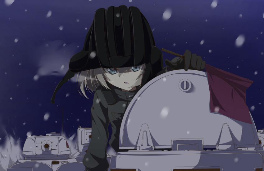 10s 1girl black_gloves blonde_hair blue_eyes flag girls_und_panzer gloves helmet highres holding katyusha_(girls_und_panzer) kv-2 long_sleeves looking_at_viewer military military_vehicle motor_vehicle night night_sky parted_lips short_hair short_jumpsuit sky snow t-34 tank tank_helmet usamimi_(usamimiok)