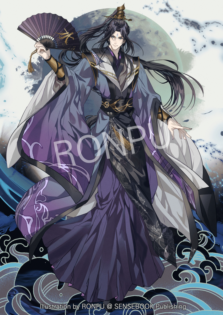 1boy animal_print black_hair black_sash black_shoes blue_eyes blue_hanfu chinese_clothes closed_mouth facial_mark fish_print folding_fan forehead_mark full_body gradient_clothes hand_fan hanfu high_ponytail highres holding holding_fan long_hair long_sleeves looking_at_viewer male_focus ponytail purple_hanfu ronpu_cooing sash shi_wudu shoes smile solo standing tassel tianguan_cifu water wide_sleeves xiao_guan_(headdress) yaopei