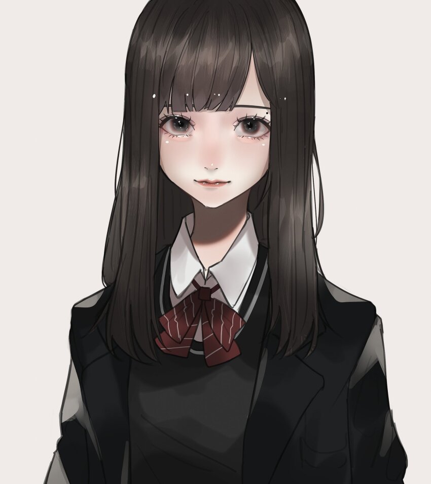 1girl black_hair black_jacket black_sweater_vest blazer bow bowtie closed_mouth collared_shirt eyelashes grey_background grey_eyes highres jacket lipstick long_hair looking_at_viewer makeup mano_aaa mole mole_above_eye original red_bow red_bowtie red_lips school_uniform shirt simple_background solo sweater_vest upper_body white_shirt