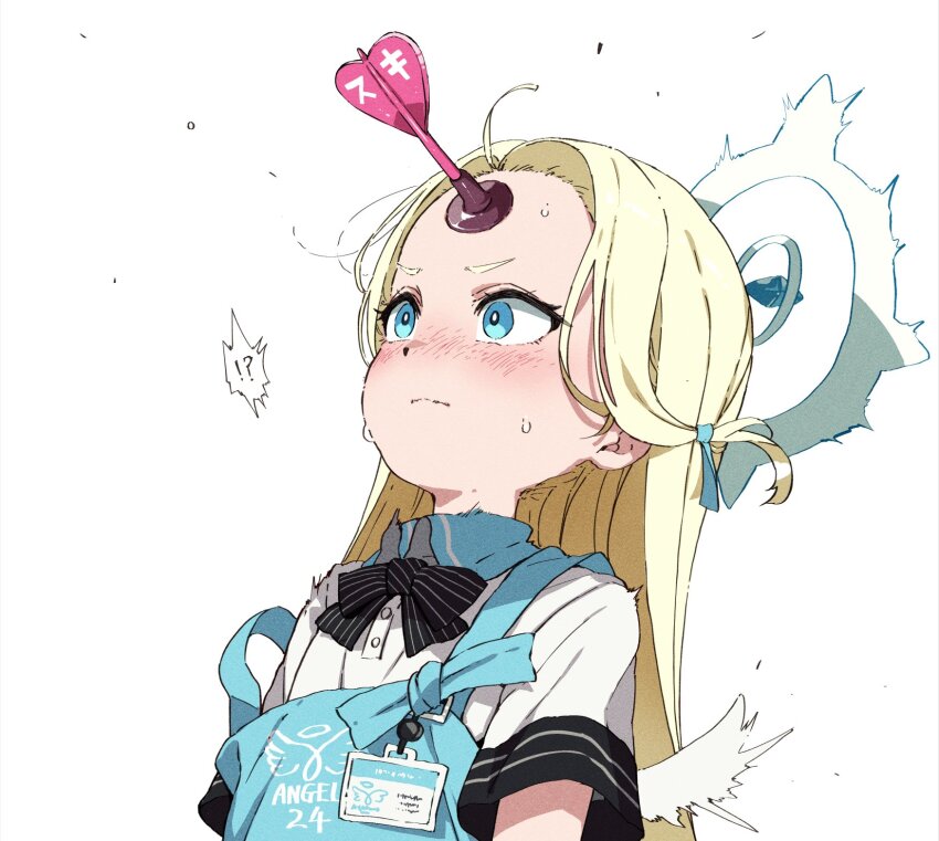 !? 1girl apron black_bow blonde_hair blue_apron blue_archive blush bow closed_mouth collared_shirt commentary_request dart employee_uniform gomennasai halo highres long_hair mini_wings nose_blush parted_bangs polo_shirt shirt short_sleeves simple_background solo sora_(blue_archive) spoken_interrobang strap_slip striped_bow suction-cup_dart suction_cups sweat upper_body white_background white_shirt white_wings wings