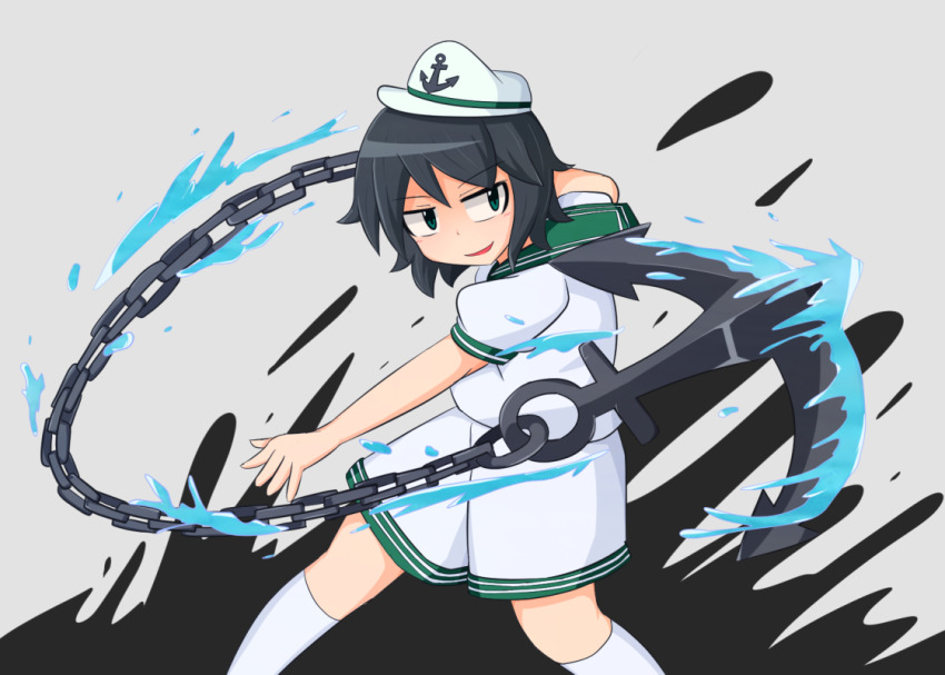 1girl anchor anchor_symbol black_hair chain feet_out_of_frame flail green_eyes hat kneehighs manorea murasa_minamitsu sailor_hat shirt short_hair short_sleeves shorts simple_background socks solo splashing touhou water weapon white_hat white_shirt white_shorts white_socks