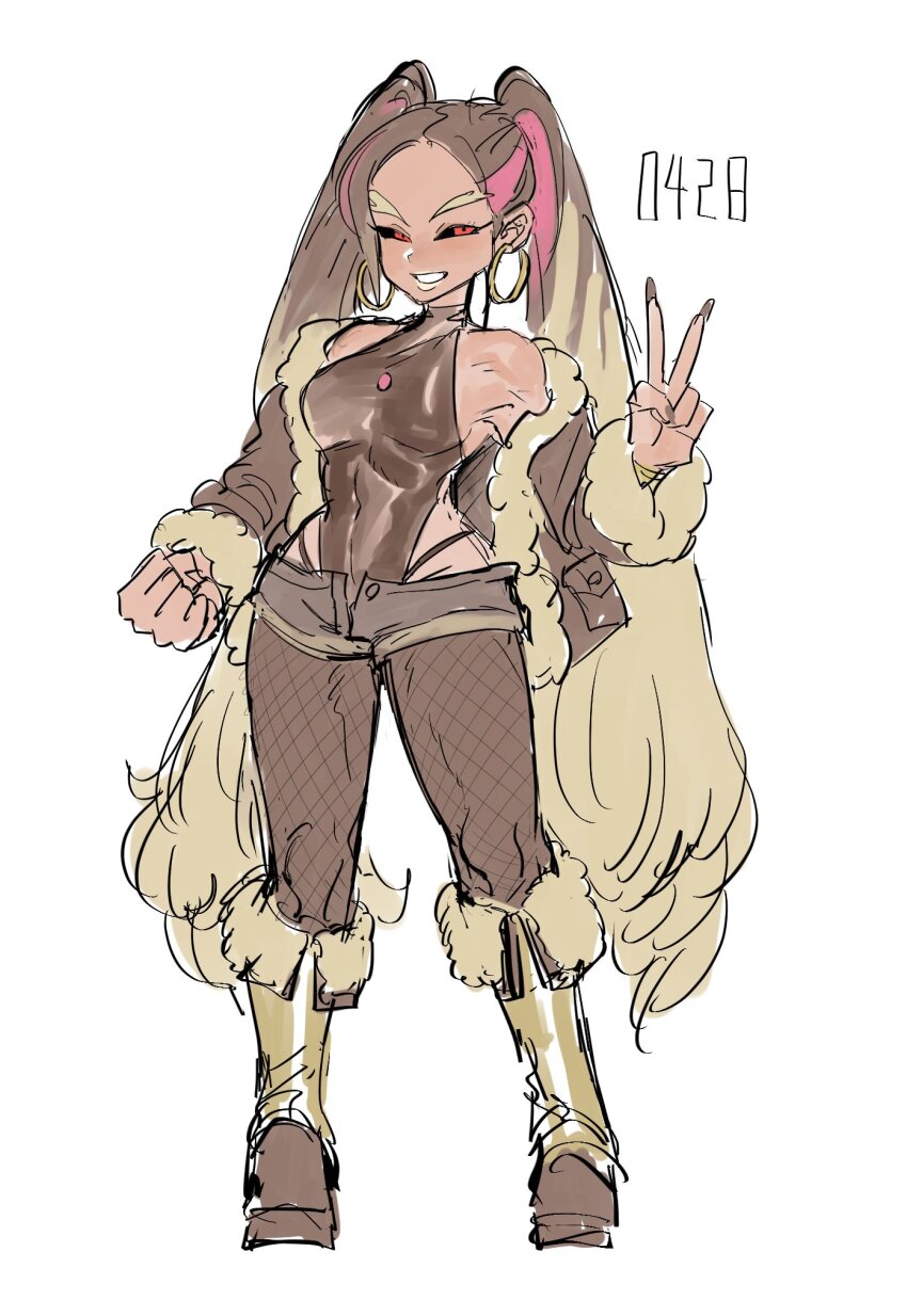 1girl bare_shoulders black_sclera blonde_hair breasts brown_hair brown_jacket brown_leotard brown_nails brown_pantyhose clenched_hand colored_sclera covered_navel dancho_no_mori earrings fingernails fishnet_pantyhose fishnets full_body fur-trimmed_jacket fur-trimmed_sleeves fur_trim gen_4_pokemon grey_shorts highres hoop_earrings jacket jewelry legs_apart leotard leotard_under_clothes long_fingernails long_hair long_sleeves lopunny medium_breasts multicolored_hair nail_polish nintendo open_fly pantyhose pantyhose_under_shorts personification pink_hair pink_streaks pokedex_number pokemon red_eyes short_shorts shorts simple_background solo standing streaked_hair twintails very_long_hair white_background