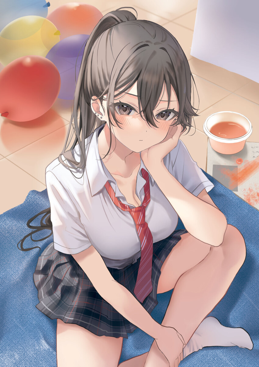 1girl absurdres balloon black_skirt blush breasts bucket cleavage closed_mouth commentary_request crossed_ankles diagonal-striped_clothes diagonal-striped_necktie earrings from_above grey_eyes grey_hair grey_skirt hair_between_eyes hamu_(plot_sy) hand_on_own_cheek hand_on_own_face high_ponytail highres indian_style indoors jewelry large_breasts long_hair looking_at_viewer loose_necktie mat miniskirt necktie paint plaid_clothes plaid_skirt ponytail red_necktie school_uniform shimizu_kei shirt short_sleeves sitting skirt socks solo striped_clothes stud_earrings tile_floor tiles tonari_no_seki_no_yankee_shimizu-san_ga_kami_wo_kuroku_somete_kita very_long_hair white_shirt white_socks