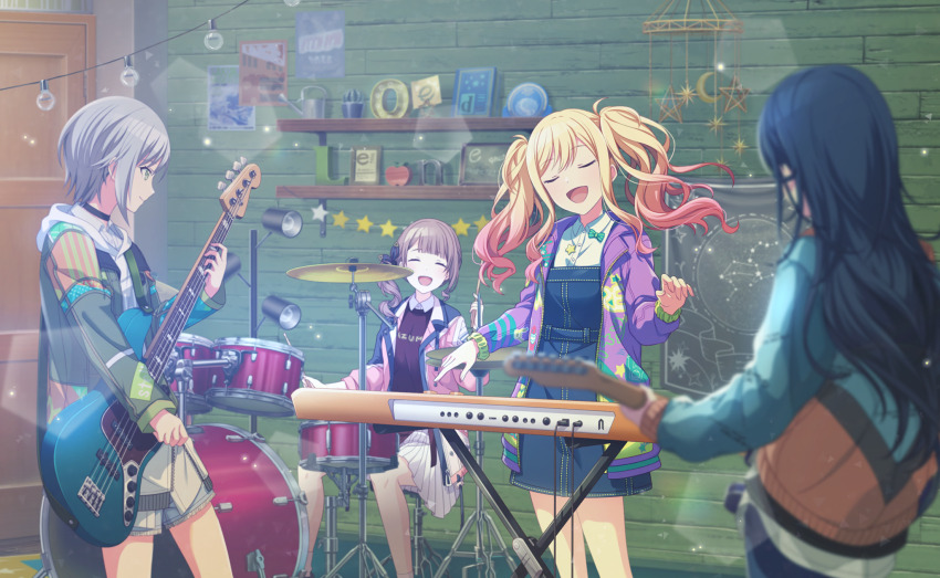 4girls :d ^_^ bass_guitar black_choker black_hair black_sweater blonde_hair blurry bokeh brown_hair choker closed_eyes closed_mouth collared_shirt collared_sweater colorful_palette crescent depth_of_field drum drum_set game_cg gradient_hair green_eyes grey_hair highres hinomori_shiho hoshino_ichika_(project_sekai) instrument jacket keyboard_(instrument) leo/need_(project_sekai) light_particles mochizuki_honami multicolored_hair multiple_girls official_alternate_costume official_art open_clothes open_jacket open_mouth pink_hair pink_jacket plant pleated_skirt potted_plant profile project_sekai purple_jacket resonate_with_you_(project_sekai) shirt side_ponytail sidelocks skirt smile star_(symbol) string_of_light_bulbs sweater tenma_saki third-party_source twintails u_u watering_can white_shirt white_skirt