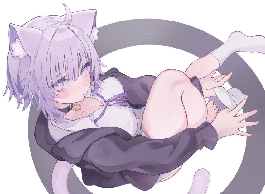 1girl animal_ears black_jacket blush breasts cat_ears cat_girl cat_tail cleavage collarbone from_above highres hololive jacket large_breasts nekomata_okayu nishiro_hato purple_eyes purple_hair purple_tail shirt simple_background sitting socks solo tail virtual_youtuber white_background white_shirt white_socks