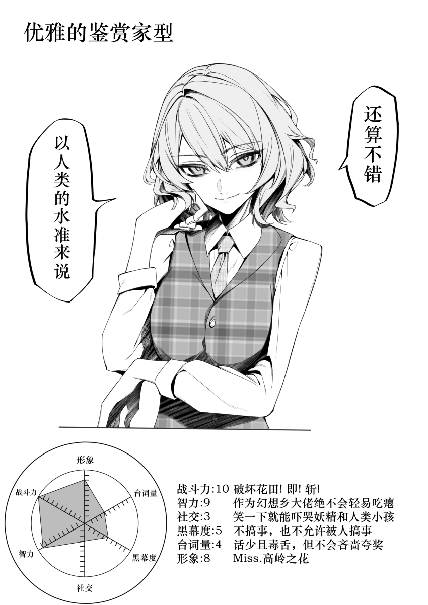 1girl absurdres chinese_commentary closed_mouth collared_shirt graph hair_between_eyes highres kazami_yuuka looking_at_viewer monochrome necktie plaid_clothes plaid_skirt plaid_vest shirt skirt sleeves_rolled_up solo speech_bubble stats touhou unmoving_pattern vest wavy_hair yangsan_(2991076090)