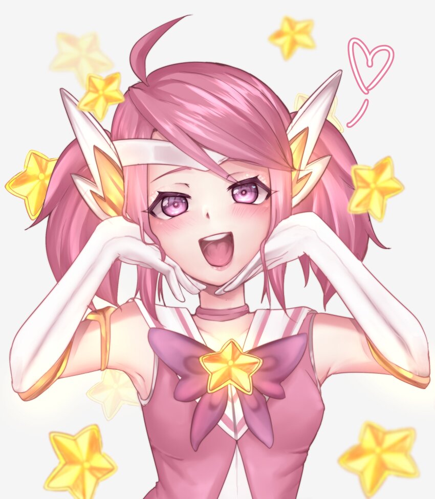 1girl absurdres antenna_hair armlet bare_shoulders blush breasts choker collar elbow_gloves eyelashes female_focus gloves hands_on_own_face highres jewelry league_of_legends looking_at_viewer lux_(league_of_legends) magical_girl matching_hair/eyes medium_hair meemz_a official_alternate_costume open_mouth petite pink_choker pink_eyes pink_hair pink_shirt sailor_collar shirt simple_background small_breasts smile solo star_guardian_(league_of_legends) star_guardian_lux teeth tongue twintails upper_body upper_teeth_only white_background white_collar white_gloves