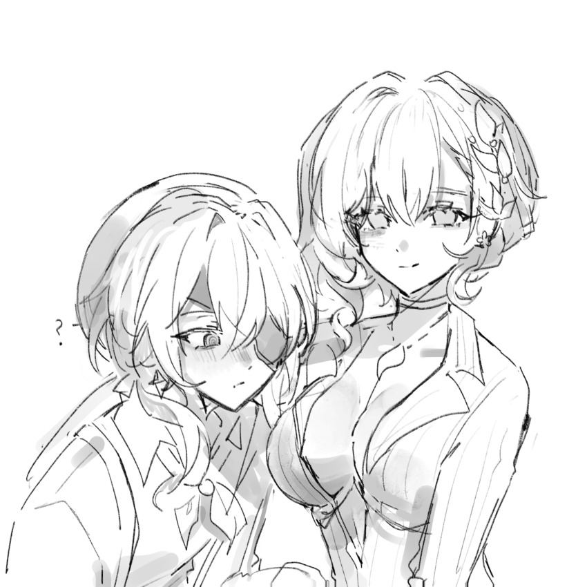 1boy 1girl aglaea_(fashion)_(honkai:_star_rail) aglaea_(honkai:_star_rail) anaxa_(honkai:_star_rail) blush breasts chyuchyulam commentary_request eyepatch greyscale hetero highres honkai:_star_rail honkai_(series) jewelry korean_commentary large_breasts looking_at_breasts monochrome necklace no_bra official_alternate_costume open_clothes open_shirt shirt short_hair smile upper_body