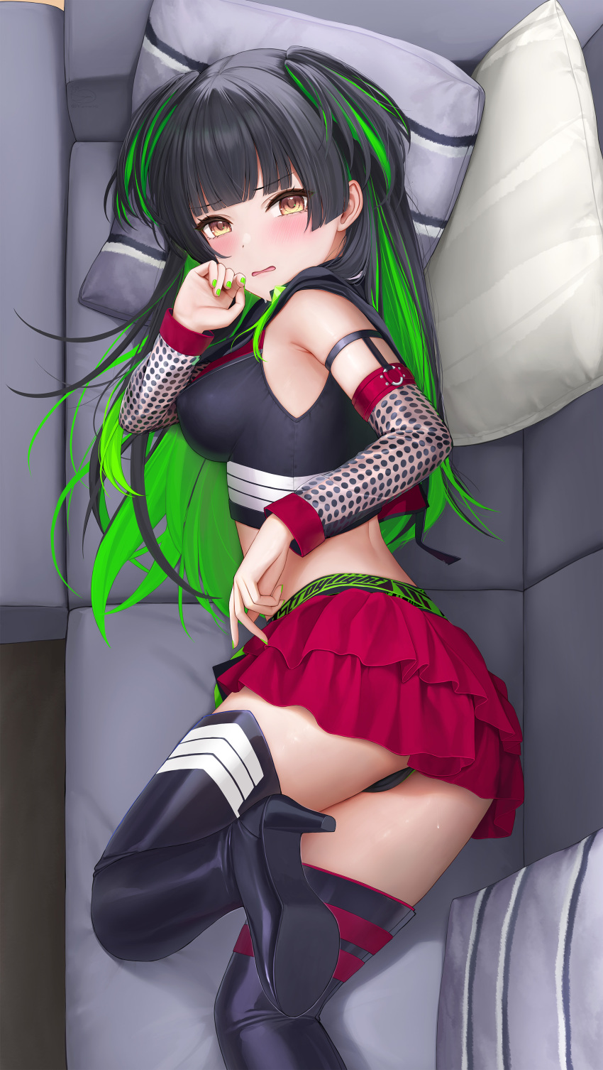 1girl absurdres bare_shoulders black_boots black_hair black_panties blunt_bangs blush boots breasts brown_hair couch covered_erect_nipples dakimakura_(medium) detached_sleeves foot_out_of_frame green_hair green_nails high_heel_boots high_heels highres idolmaster idolmaster_shiny_colors keine09 looking_at_viewer lying mayuzumi_fuyuko medium_breasts midriff miniskirt multicolored_hair neonlight_romancer_(idolmaster) nervous on_couch on_side panties pillow red_skirt skirt sleeveless solo thigh_boots two-tone_hair two_side_up underwear