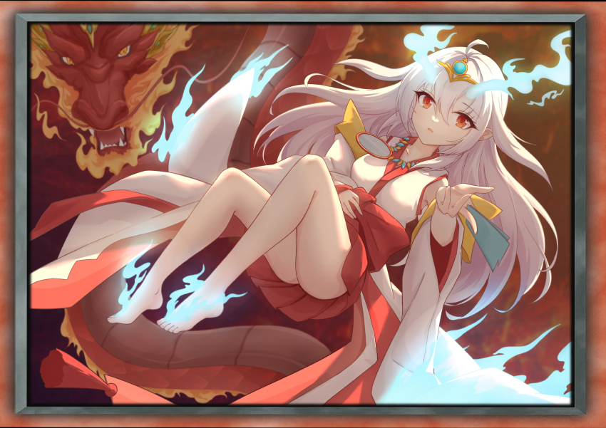 1girl 1other ahoge bare_legs barefoot detached_sleeves dragon dragon_tail duel_monster eastern_dragon fangs hair_between_eyes hair_ornament heitang_bing_zi highres japanese_clothes kurikara_divincarnate long_hair long_sleeves nontraditional_miko open_mouth pleated_skirt red_eyes red_skirt skirt tail white_hair wide_sleeves yu-gi-oh!