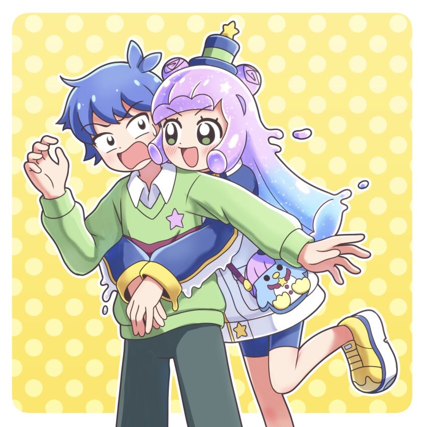 1boy 1girl :d bike_shorts blue_hair blush border commentary_request double_bun gradient_hair green_eyes green_sweater hair_bun hand_up hat highres hug hug_from_behind kato-shun kawaii_kotarou long_hair long_sleeves looking_at_another mini_hat mini_top_hat monster_girl multicolored_hair open_mouth outside_border own_hands_together pants polka_dot polka_dot_background puniru_(puniru_wa_kawaii_slime) puniru_wa_kawaii_slime purple_hair shirt shoes short_hair slime_girl smile standing standing_on_one_leg star_(symbol) surprised sweater top_hat white_border white_shirt yellow_background yellow_shoes