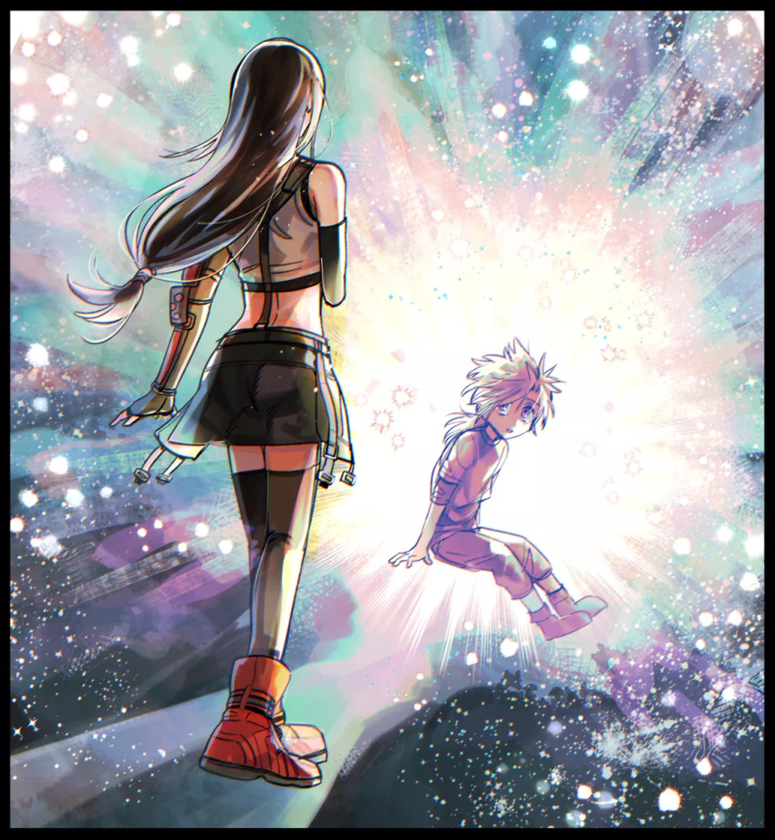 1boy 1girl aged_down bare_shoulders black_gloves black_hair black_skirt black_thighhighs blonde_hair boots child cloud_strife crop_top elbow_gloves emphasis_lines final_fantasy final_fantasy_vii final_fantasy_vii_rebirth final_fantasy_vii_remake fingerless_gloves from_behind full_body gloves highres light_particles long_hair looking_at_another low-tied_long_hair low_ponytail miniskirt mrg2by ponytail red_boots shirt single_arm_guard sitting skirt spiked_hair standing t-shirt tank_top thighhighs tifa_lockhart white_tank_top zettai_ryouiki