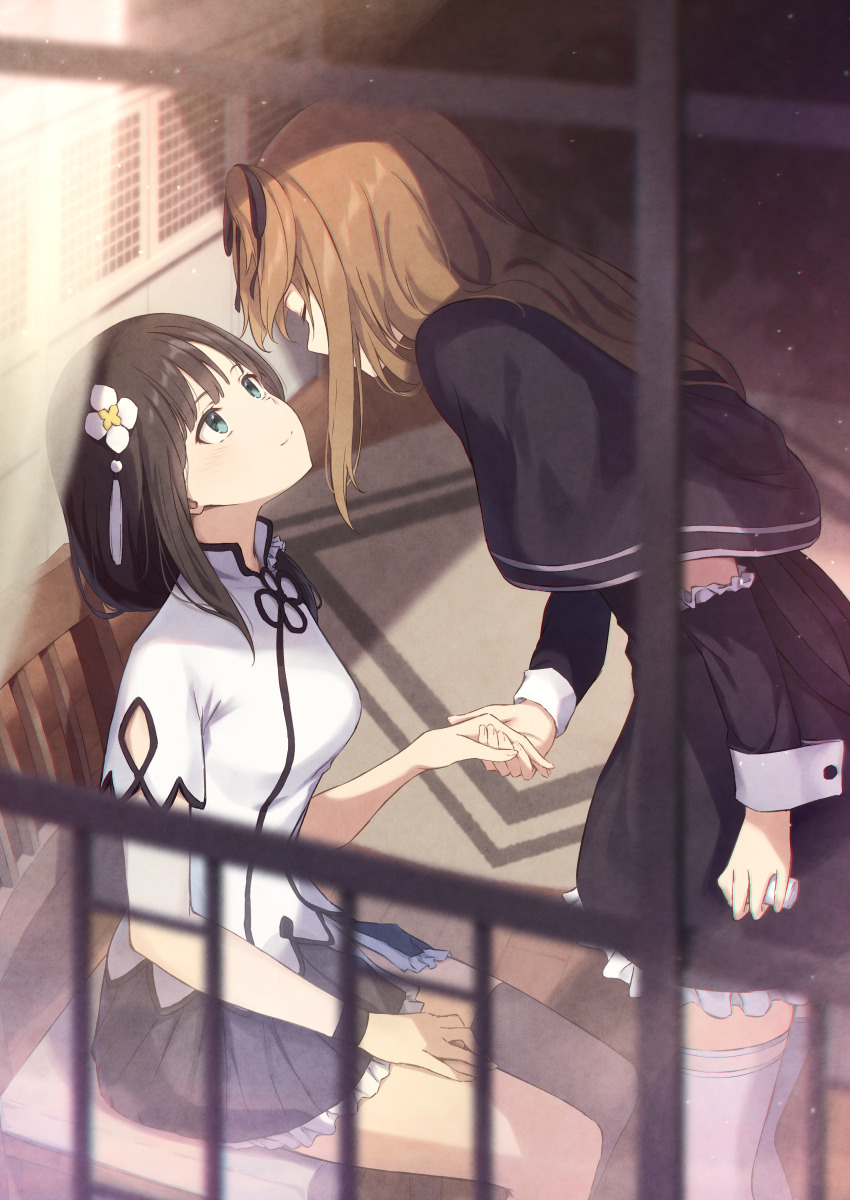 2girls absurdres aqua_eyes arm_at_side arm_cutout assault_lily bandages black_capelet black_hair black_ribbon black_skirt blurry blurry_background blurry_foreground blush breasts brown_hair capelet chair closed_eyes closed_mouth commentary_request covered_mouth detached_sleeves face-to-face facing_another fingernails flower flower_knot frilled_skirt frilled_sleeves frills from_above from_outside grey_thighhighs hair_flower hair_ornament hair_over_shoulder hair_ribbon hair_scrunchie hand_on_lap hand_up high-waist_skirt highres holding holding_bandages holding_hands kuo_shenlin leaning_forward long_hair looking_at_another looking_up low_ponytail medium_breasts miniskirt multiple_girls nuenue on_chair one_side_up pleated_skirt ponytail ribbon school_uniform scrunchie shade shirt short_sleeves side_ponytail side_slit sidelocks single_thighhigh sitting skirt smile standing tassel tassel_hair_ornament thighhighs wang_yujia white_flower white_scrunchie white_shirt white_thighhighs window wristband yuri yurigaoka_girls_academy_school_uniform