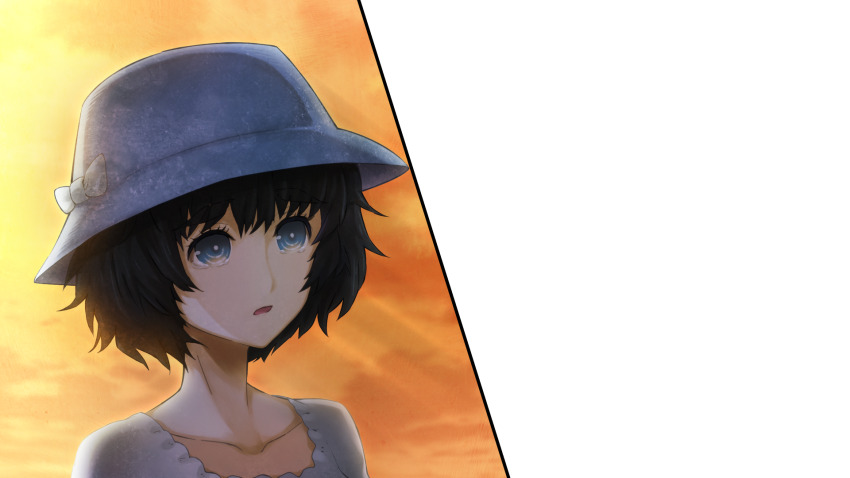 1girl aqua_eyes black_hair blouse blue_dress blue_eyes blue_hat bow collar collarbone crying crying_with_eyes_open dress frilled_collar frills game_cg hat hat_bow highres huke medium_hair non-web_source official_art open_mouth orange_sky ringed_eyes shiina_mayuri shiny_lips shirt sky solo steins;gate steins;gate_0 sunset tareme tearing_up tears transparent_background