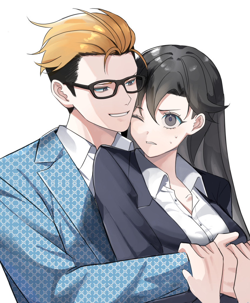 1boy 1girl ;) absurdres black-framed_eyewear black_hair blonde_hair blue_shirt breasts genderswap genderswap_(mtf) grey_eyes highres hug hug_from_behind kasuga_kaya kim_joon_goo lookism multicolored_hair one_eye_closed shirt simple_background small_breasts smile sweatdrop two-tone_hair upper_body white_background