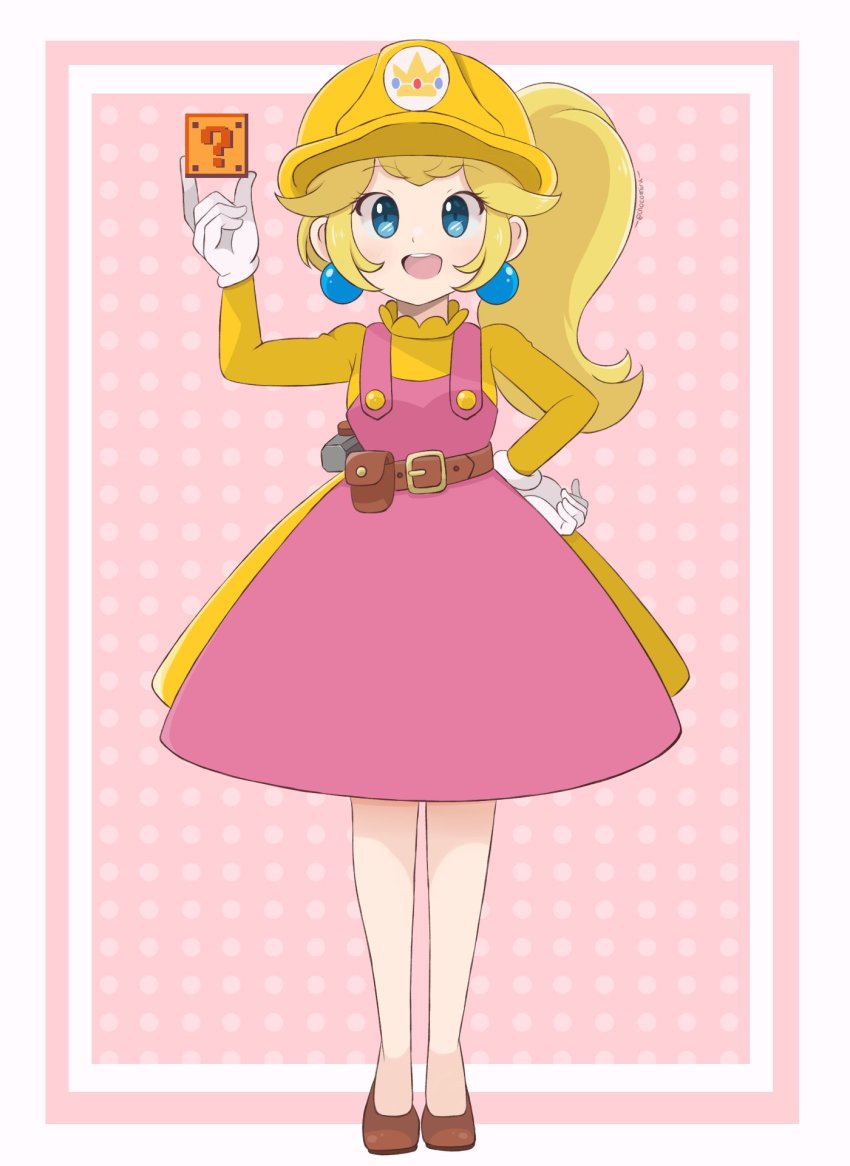1girl ?_block blonde_hair blush chocomiru commentary dress earrings full_body hair_between_eyes helmet highres jewelry looking_at_viewer mario_(series) nintendo polka_dot polka_dot_background princess_peach smile solo super_mario_maker