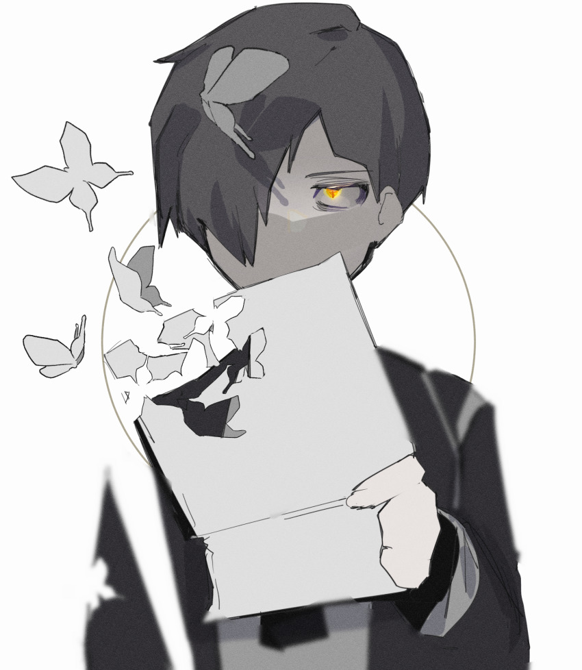 1boy broken bug butterfly coat expressionless greyscale hand_up highres holding holding_paper insect library_of_ruina looking_at_viewer madotsuki_ren monochrome paper project_moon serious simple_background solo spot_color yellow_eyes yesod_(project_moon)