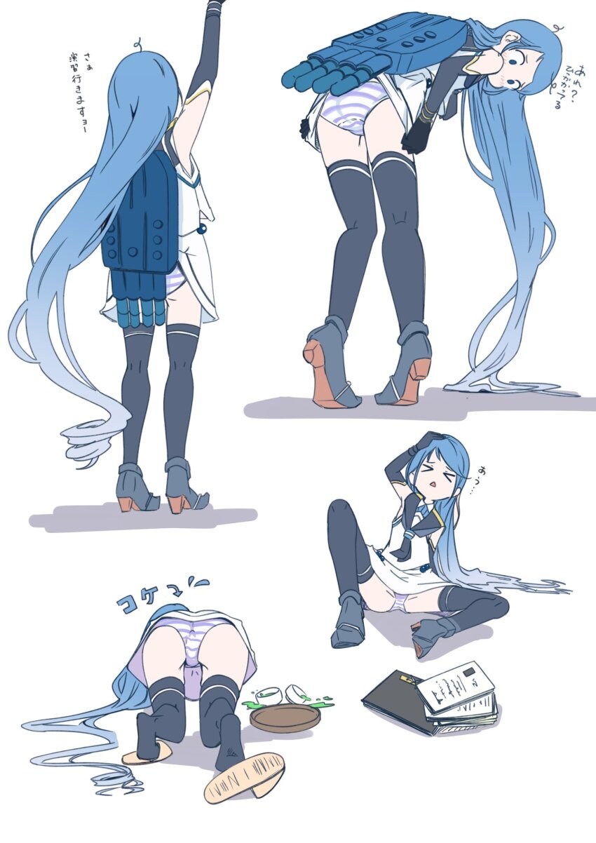 &gt;_&lt; 1girl adjusting_clothes all_fours ass black_gloves black_neckerchief black_sailor_collar black_thighhighs blue_eyes blue_hair blush chakoru clumsy commentary commentary_request elbow_gloves fallen_down gloves highres kantai_collection long_hair multiple_views neckerchief panties paper rigging sailor_collar samidare_(kancolle) school_uniform simple_background sitting skirt sleeveless standing striped_clothes striped_panties thighhighs torpedo_tubes translation_request tray underwear very_long_hair white_background white_skirt