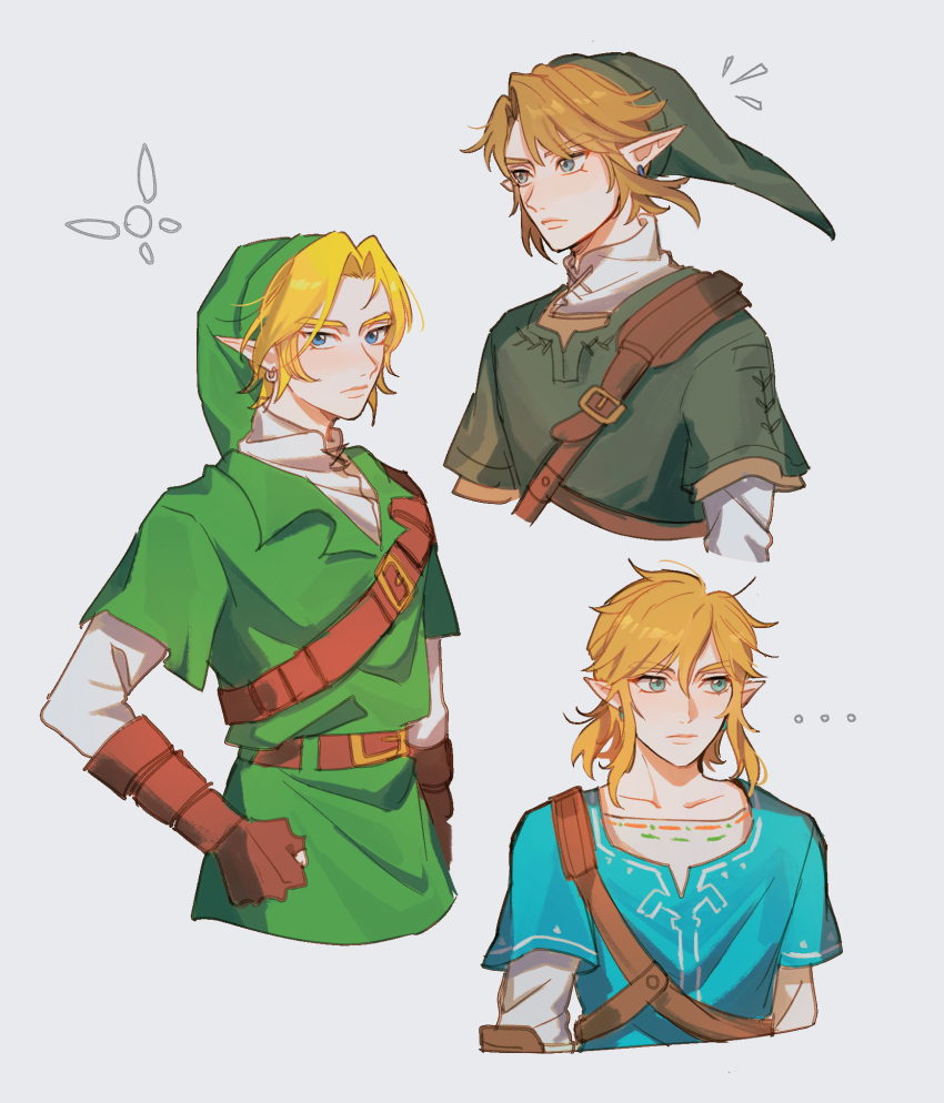1boy belt blonde_hair blue_eyes blue_tunic blush brown_belt brown_gloves champion&#039;s_tunic_(zelda) clenched_hand closed_mouth collarbone commentary earrings english_commentary fingerless_gloves gloves green_hat green_tunic grey_background hair_between_eyes hand_on_own_hip hat highres jewelry layered_sleeves link long_sleeves looking_at_viewer looking_to_the_side low_ponytail male_focus nintendo pointy_ears ponytail seirorath shirt short_hair short_over_long_sleeves short_ponytail short_sleeves sidelocks simple_background solo the_legend_of_zelda the_legend_of_zelda:_breath_of_the_wild the_legend_of_zelda:_ocarina_of_time the_legend_of_zelda:_skyward_sword tunic upper_body v-shaped_eyebrows white_shirt
