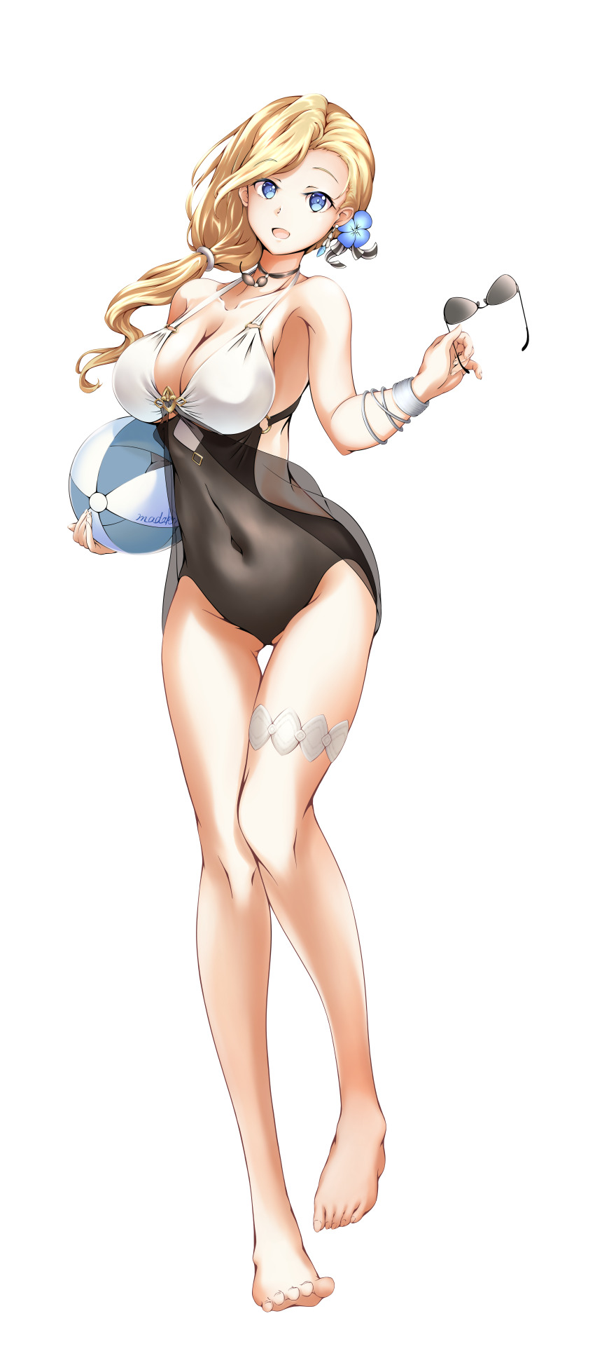 1girl :d absurdres azur_lane ball barefoot blonde_hair blue_eyes blue_flower bracelet breasts casual_one-piece_swimsuit choker cleavage dorsiflexion unworn_eyewear flower full_body hair_flower hair_ornament highres holding holding_ball holding_removed_eyewear hood_(azur_lane) hood_(lady_of_the_shining_sun)_(azur_lane) incredibly_absurdres jewelry large_breasts layered_swimsuit looking_at_viewer madakov_kodima official_alternate_costume one-piece_swimsuit open_mouth simple_background smile sunglasses swimsuit thigh_strap tree water white_background