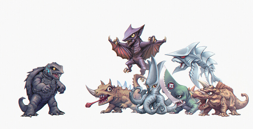 alien barugon beak blue_eyes chibi claws colored_sclera crest daiei_motion_picture extra_eyes fins fish fish_tail flying gamera gamera,_the_giant_monster gamera_(series) gamera_vs._barugon gamera_vs._guiron gamera_vs._gyaos gamera_vs._jiger gamera_vs._viras gamera_vs._zigra gills guiron gyaos highres horns jiger kaiju lizard long_tongue nasal_horn no_humans ocean octopus open_mouth red_eyes sea_monster shark sharp_teeth shuriken simple_background single_horn slit_pupils space_monster spikes squid suction_cups sweatdrop sword tail talons teeth tentacles tongue tongue_out turtle turtle_shell tusks viras wang_peihao weapon white_background wings yellow_eyes yellow_sclera zigra