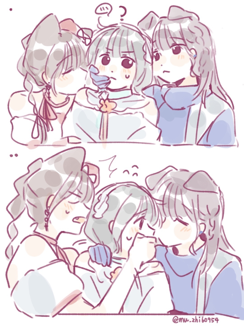 ... 3girls ? animification aoku_haruka/flower black_hair chinese_commentary closed_mouth commentary_request fang flipped_hair flying_sweatdrops frown hand_on_another&#039;s_cheek hand_on_another&#039;s_face hayama_fuka highres kurusu_rin ladybug/beauty_(love_live!) link!_like!_love_live! love_live! miracreation/elegance multi-tied_hair multiple_girls off-shoulder_shirt off_shoulder open_mouth ponytail puffy_short_sleeves puffy_sleeves real_life sakurai_hina shirt short_hair short_sleeves spoken_ellipsis sweatdrop twitter_username v-shaped_eyes voice_actor white_shirt woodonly yuri