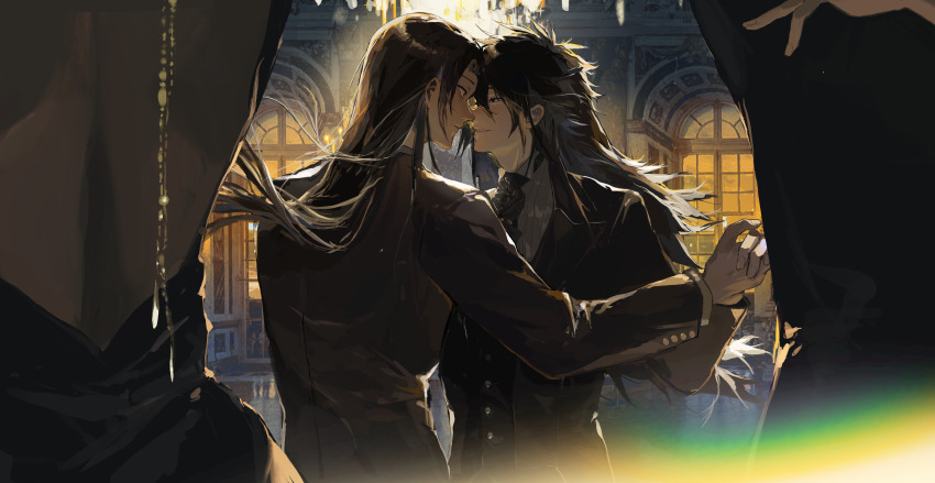 2boys absurdres ascot black_ascot black_eyes black_hair black_jacket chinese_commentary closed_mouth commentary_request grey_shirt grin hair_between_eyes highres holding_hands jacket kuma_(yoooooooo152) long_hair looking_at_another male_focus multiple_boys naruto_(series) naruto_shippuuden senju_hashirama shirt smile striped_clothes striped_shirt uchiha_madara vertical-striped_clothes vertical-striped_shirt yaoi