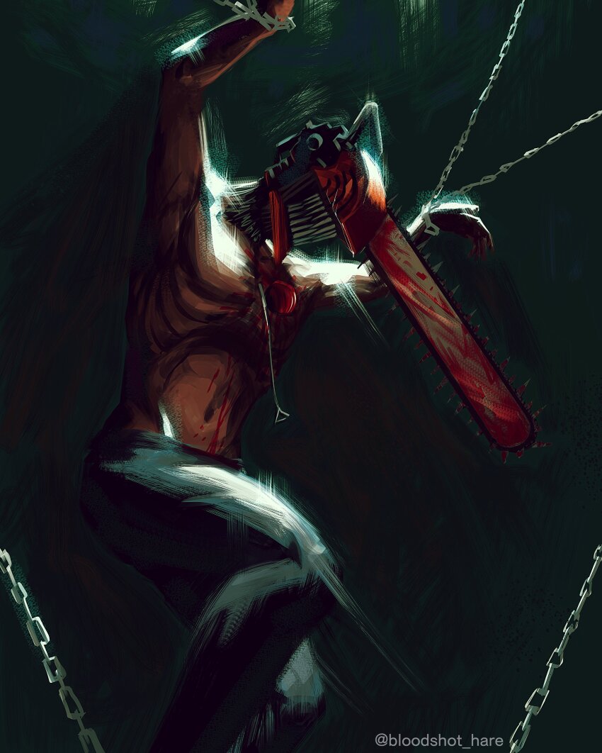 1boy absurdres alternate_form black_pants blood bloodshot_hare bound bound_legs bound_wrists chain chainsaw chainsaw_man denji_(chainsaw_man) highres male_focus navel pants pull_cord sharp_teeth solo teeth topless_male