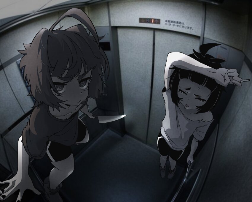 2boys @_@ absurdres ahoge arm_up black_nails black_shirt black_shorts bob_cut cigarette collarbone elevator elevator_door highres holding holding_cigarette holding_knife knife male_focus messy_hair multiple_boys multiple_girls open_mouth original raised_eyebrows shirt short_shorts shorts single_bare_shoulder sweat thick_eyebrows trap tsarbombaman white_shirt