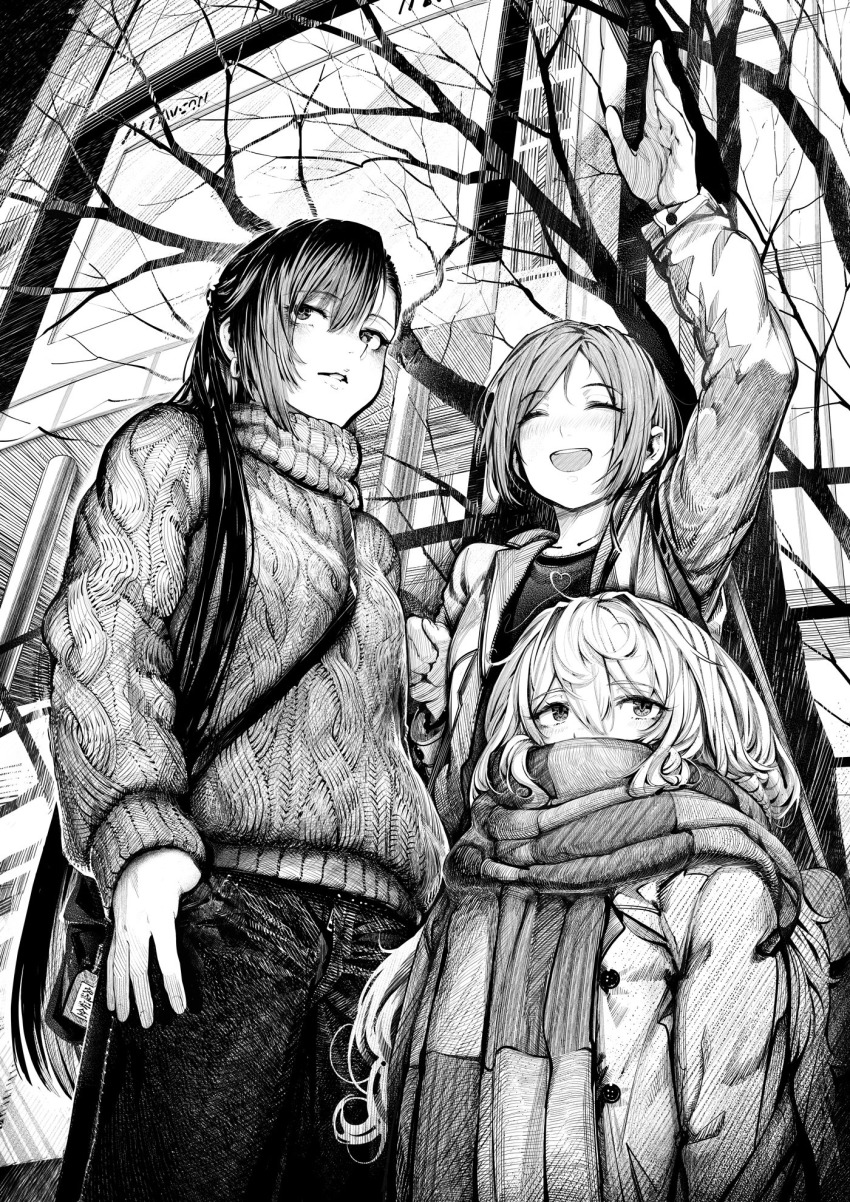 3girls bare_tree building ear_piercing greyscale hand_in_pocket highres ichikawa_natsumi kozakura_(urasekai_picnic) long_hair monochrome multiple_girls outdoors piercing ponytail scarf seto_akari shirakaba smile sweater tree urasekai_picnic waving winter_clothes