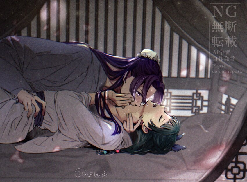 1boy 1girl arm_around_neck beads blue_ribbon blunt_bangs blush bun_cover chii_(chi_hrd) chinese_clothes closed_eyes couple flower grey_robe hair_beads hair_bun hair_ornament hair_ribbon half_updo hand_on_another&#039;s_cheek hand_on_another&#039;s_face hetero highres jinshi_(kusuriya_no_hitorigoto) kusuriya_no_hitorigoto long_hair maomao_(kusuriya_no_hitorigoto) moaning on_bed open_mouth parted_bangs purple_hair ribbon robe rose sidelocks sweat twintails white_flower white_rose