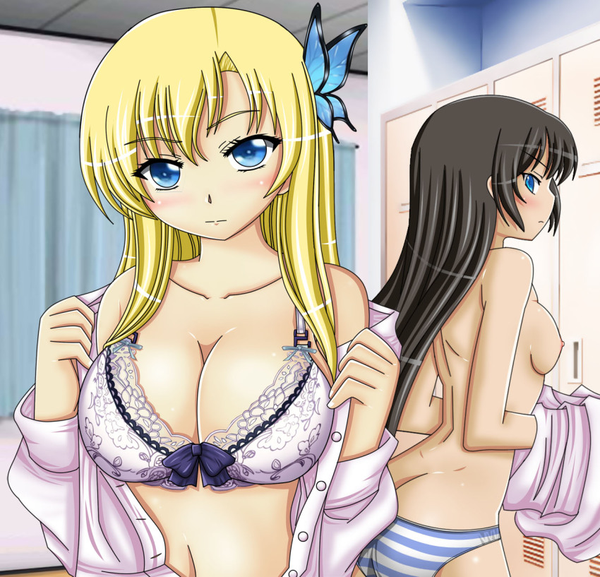 10s 2girls artemisumi blonde_hair blue_eyes blue_panties boku_wa_tomodachi_ga_sukunai bra breasts brown_hair hair_ornament highres kashiwazaki_sena long_hair mikazuki_yozora multiple_girls nipples panties purple_bra striped_clothes striped_panties topless_female underwear undressing