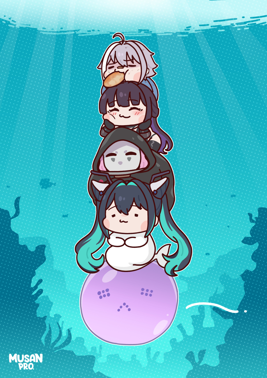 4girls absurdres aqua_hair bandaid bandaid_on_face bandaid_on_nose black_bodysuit black_hair black_hood blue_jumpsuit blush bodysuit bread_bun bubble colored_inner_hair dominatrix doro_(nikke) folded_hair food food_in_mouth goddess_of_victory:_nikke grey_hair hair_intakes highres holding jumpsuit little_mermaid_(nikke) long_hair mihara_(bonding_chain)_(nikke) mihara_(nikke) mori_(nikke) multicolored_hair multiple_girls musan_pro pink_hair purple_hair short_hair twintails very_long_hair wardress_(nikke) white_mask yuni_(chimera)_(nikke) yuni_(nikke)