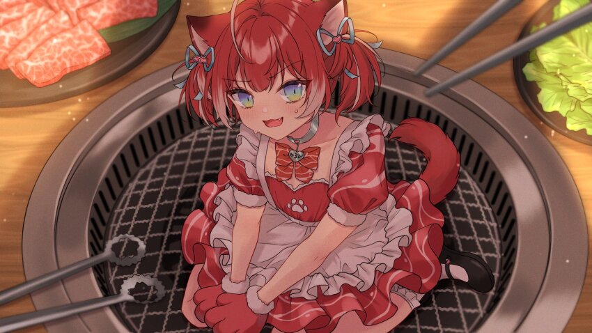 1girl :3 ahoge akami_karubi alternate_size animal_ears animal_hands apron black_shoes blue_eyes blush bobby_socks bow bowtie cat_ears cat_girl cat_tail choker chopsticks commentary_request dress fang gloves gradient_eyes green_eyes grill heart heart_choker highres indie_virtual_youtuber lettuce looking_at_viewer mary_janes mini_person minigirl multicolored_eyes neru_(nel_n) nervous nervous_smile open_mouth paw_gloves pov_shadow raised_eyebrow red_bow red_bowtie red_dress red_hair shoes short_hair short_twintails sitting sliced_meat smile socks solo tail twintails v-shaped_eyebrows v_arms virtual_youtuber wariza white_apron white_socks yakiniku