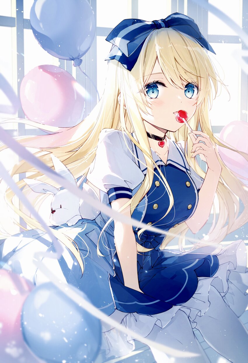 1girl absurdres animal balloon blonde_hair blue_bow blue_dress bow breasts candy commentary dress food frilled_dress frills hair_bow hand_up highres holding holding_candy holding_food holding_lollipop lollipop looking_at_viewer medium_breasts mochizuki_shiina original pantyhose puffy_short_sleeves puffy_sleeves rabbit shirt short_sleeves sitting solo striped_bow symbol-only_commentary tongue tongue_out white_pantyhose white_shirt window