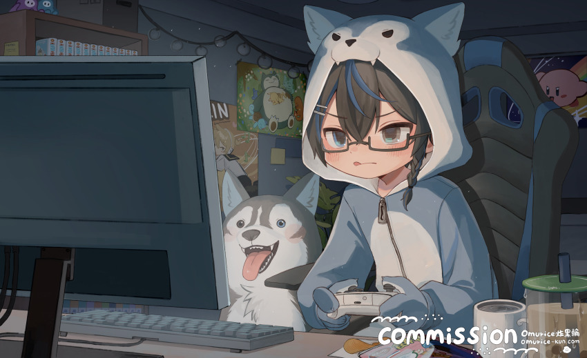 1boy absurdres androgynous animal_hood artist_name black_hair blue_eyes blue_hair bookshelf braid bubble_tea chair closed_mouth coffee_mug commentary commission computer_keyboard controller cosplay cup dog dog_hood english_commentary fall_guy fall_guys game_controller gaming_chair gen_1_pokemon glasses highres holding holding_controller holding_game_controller hood indoors jitome kagamine_len kigurumi kirby kirby_(series) looking_at_screen male_focus manga_(object) monitor mug multicolored_hair nintendo omurice_(roza4957) original pikachu playstation_controller pokemon single_braid sitting snack snorlax solo streaked_hair swivel_chair tongue tongue_out vocaloid watermark web_address zipper